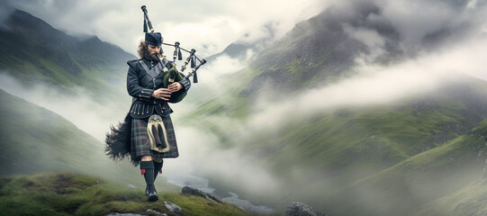 A Scottish bagpiper stands proudly in his traditional dress against a foggy lake backdrop. - obrazy, fototapety, plakaty