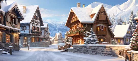 Peel and stick wall murals Deep brown mountain village of during a serene winter, where visitors can enjoy the beauty of the snow-covered landscape and partake in exciting winter sports.