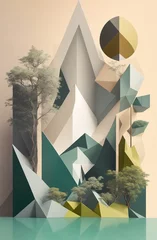  3d illustration of abstract geometric landscape with trees and mountains in low poly style © Юлия Васильева
