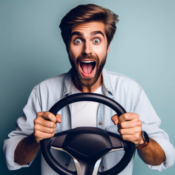 Portrait of astonished positive man arms hold steering wheel open mouth isolated on color background. ai generative