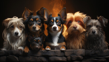 Cute puppy sitting, looking at camera, surrounded by furry friends generated by AI