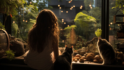 Fototapeta premium Caucasian women sitting by window, enjoying cute domestic cat together generated by AI