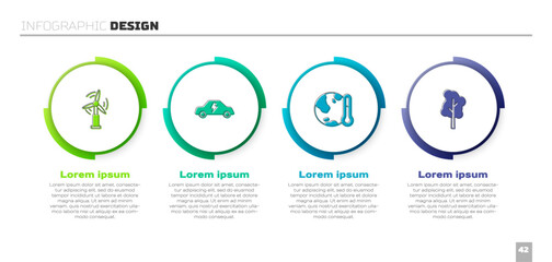Set Wind turbine, Electric car, Earth melting to global warming and Tree. Business infographic template. Vector