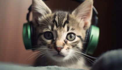 Cute kitten listening to music with striped headphones, playful nature generated by AI