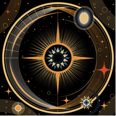 Naklejka premium Astrology black and gold background. Sun crescent moon star zodiac horoscope esoteric space vector illustration 