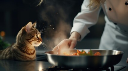 A woman in a chef's outfit is cooking food with her cat, AI