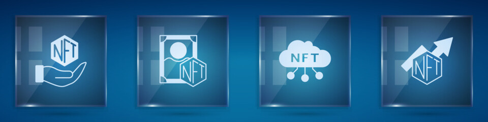 Set NFT Digital crypto art, cloud and growth bar chart. Square glass panels. Vector - obrazy, fototapety, plakaty
