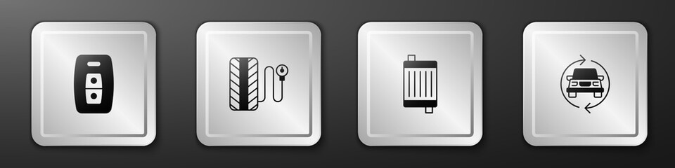 Set Car key with remote, Tire pressure gauge, radiator cooling system and service icon. Silver square button. Vector
