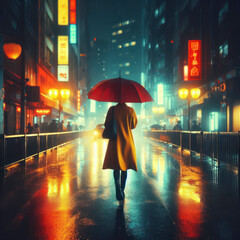 Woman in yellow raincoat with umbrella in the rain. ai generative
