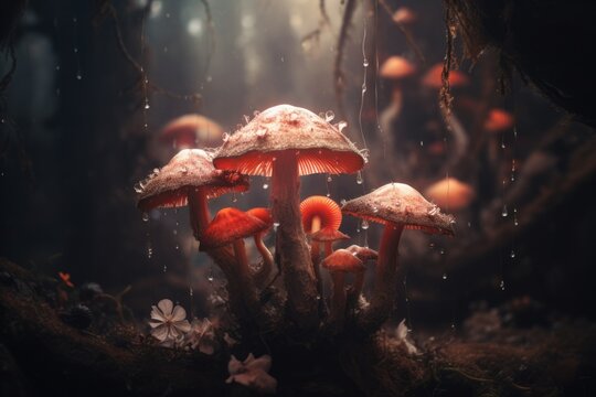 Artistic expression of the secret life of mushrooms in the magic forest, fantasy styl