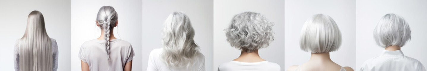 Various haircuts for woman with silver white hair - long straight, wavy, braided ponytail, small perm, bobcut and short hairs. View from behind on white background. Generative AI - obrazy, fototapety, plakaty