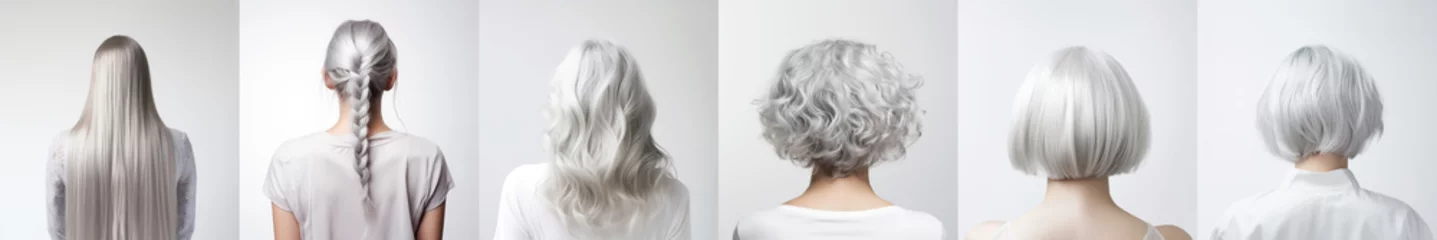 Rolgordijnen Various haircuts for woman with silver white hair - long straight, wavy, braided ponytail, small perm, bobcut and short hairs. View from behind on white background. Generative AI © Lubo Ivanko