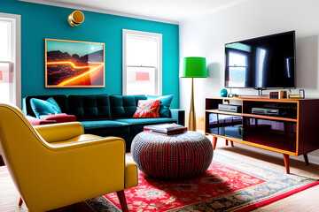 The living room is a retro-inspired space with vintage furniture, bold patterns, and a lava lamp on a side table, creating a fun and nostalgic atmosphere. Generative AI