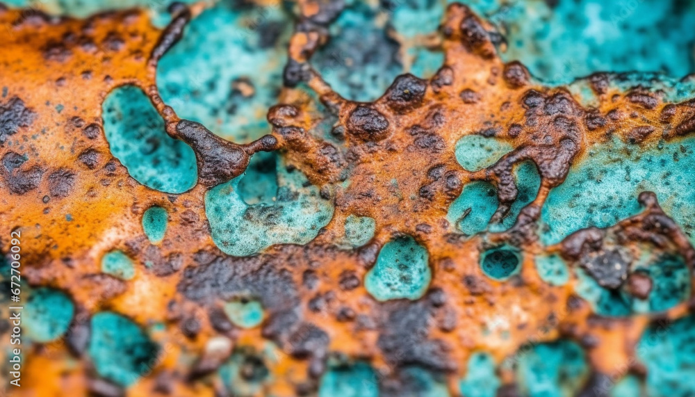Poster rusty metal plate with abstract stained gemstone pattern and drops generated by ai