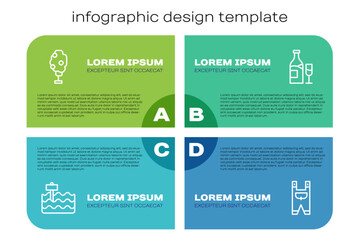 Set line Garden bed, Tree with apple, worker clothes and Wine bottle glass. Business infographic template. Vector