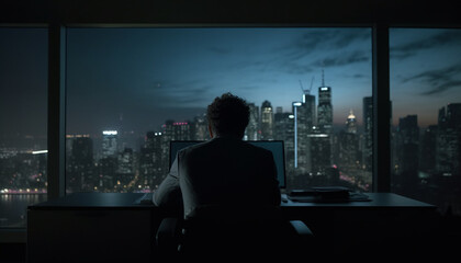 One businessman sitting at desk, looking through illuminated skyscraper window generated by AI