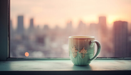 Fototapeta premium A hot latte on a wooden desk, cityscape background generated by AI