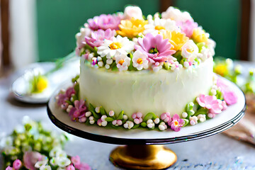 Obraz na płótnie Canvas The flower cake is beautiful and lovely. The person receiving the gift is happy. Flowers were in full bloom on the white cake. Generative AI.
