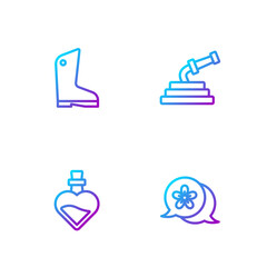 Set line Flower, Bottle with love potion, Rubber gloves and Garden hose. Gradient color icons. Vector