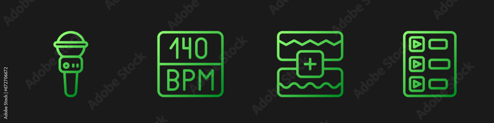 Poster set line music wave equalizer, microphone, bitrate and playlist. gradient color icons. vector