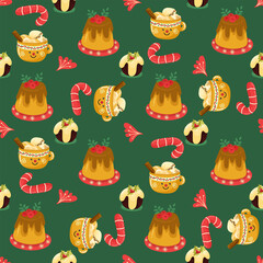 Christmas seamless pattern with toys, gifts and sweets. Trendy retro style. 