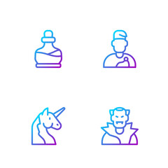Set line Vampire, Unicorn, Bottle with potion and Wizard warlock. Gradient color icons. Vector