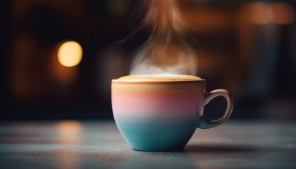 Obraz premium A frothy cappuccino on a wooden table, perfect relaxation drink generated by AI