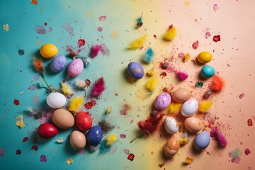 Fototapeta na wymiar Joyful spring celebration. Vibrant eggs on a festive backdrop. Generative AI
