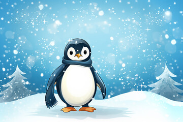Hand drawn baby penguin with a scarf on blue white christmas background