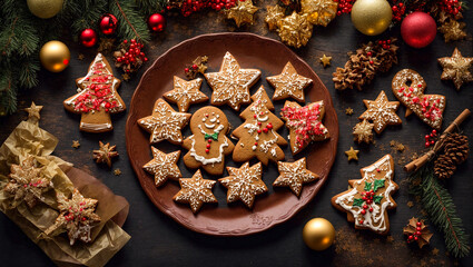 Delicious Christmas gingerbread in a plate, Christmas tree branch