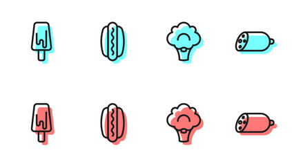 Set line Broccoli, Ice cream, Hotdog and Salami sausage icon. Vector