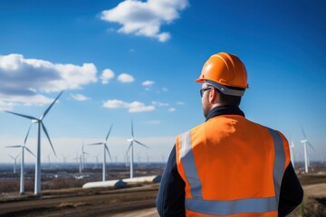 Male engineer in safety helmet and orange vest stands with his back, looks at windmills for energy production. Testing the operation of wind turbines that produce clean green energy