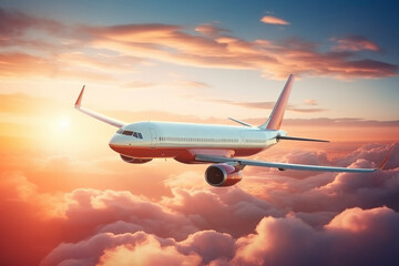 White passenger plane flies in the clouds against the backdrop of beautiful bright sunset. Air transport concept, transportation of people, travel, business