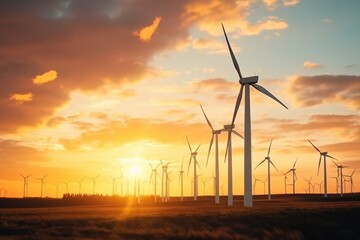 Windmills for energy production against the backdrop of beautiful sunset sky. Electric windmill farm produces green energy, white turbines. Power generation concept