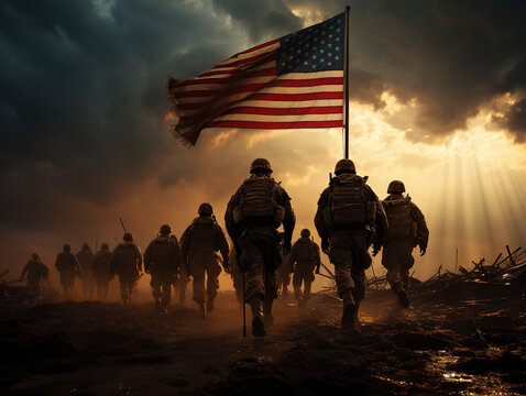Flag of the United States of America with soldiers, symbolic image of the combat-ready army USA, Ai generated
