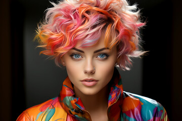 Portrait of a beautiful girl with rainbow neon hair style on black background.