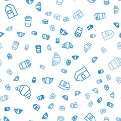 Set line Croissant, Paper package for milk and Cup of tea on seamless pattern. Vector