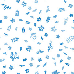 Set line Stacks paper money cash, Submachine gun and Paint spray can on seamless pattern. Vector
