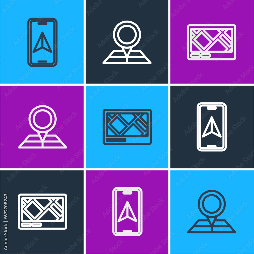 Poster set line city map navigation, gps device with and folded location marker icon. vector