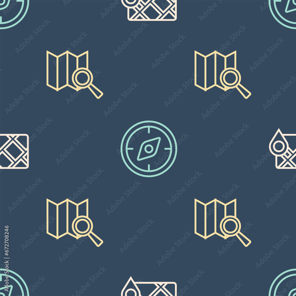 Poster set line gps device with map, search location and compass on seamless pattern. vector