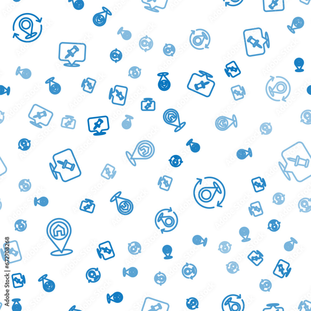 Poster set line location with house, map pin and push on seamless pattern. vector