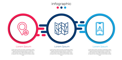 Set line Location with house, Folded map and City navigation. Business infographic template. Vector