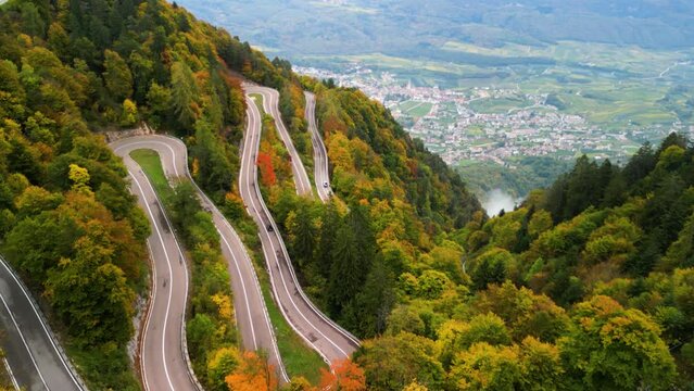  Drone flight over Mendel Pass in fall with colorful leaves
