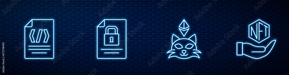 Poster set line nft digital crypto art, binary code, document and lock and . glowing neon icon on brick wal