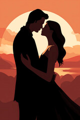Vector White Couple in Love Holding and Kissing Each Other Silhouette Illustration. Two People Sensually Hugging. St Valentines Day Romantic Date Sunset Honeymoon Anniversary Sublimation. 