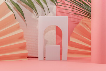 Arrière plan rose et blanc avec présentoir pour des produits avec un rendu 3 D. Plate-forme vide...