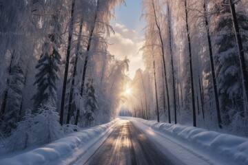 A road surrounded by snow-covered trees. Generative AI