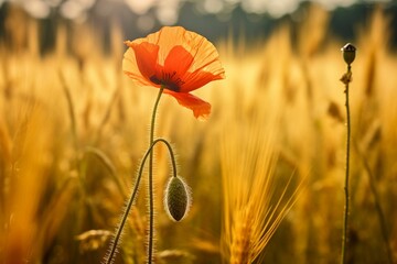 Poppy flower in field, summer landscape with wildflower bud, sunny day, vintage garden art. Generative AI