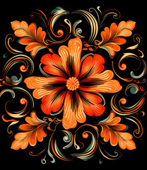 Orange ornament  flower pattern design on black background.