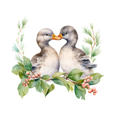 mistletoe cute ducks watercolor illustration, Christmas decoration